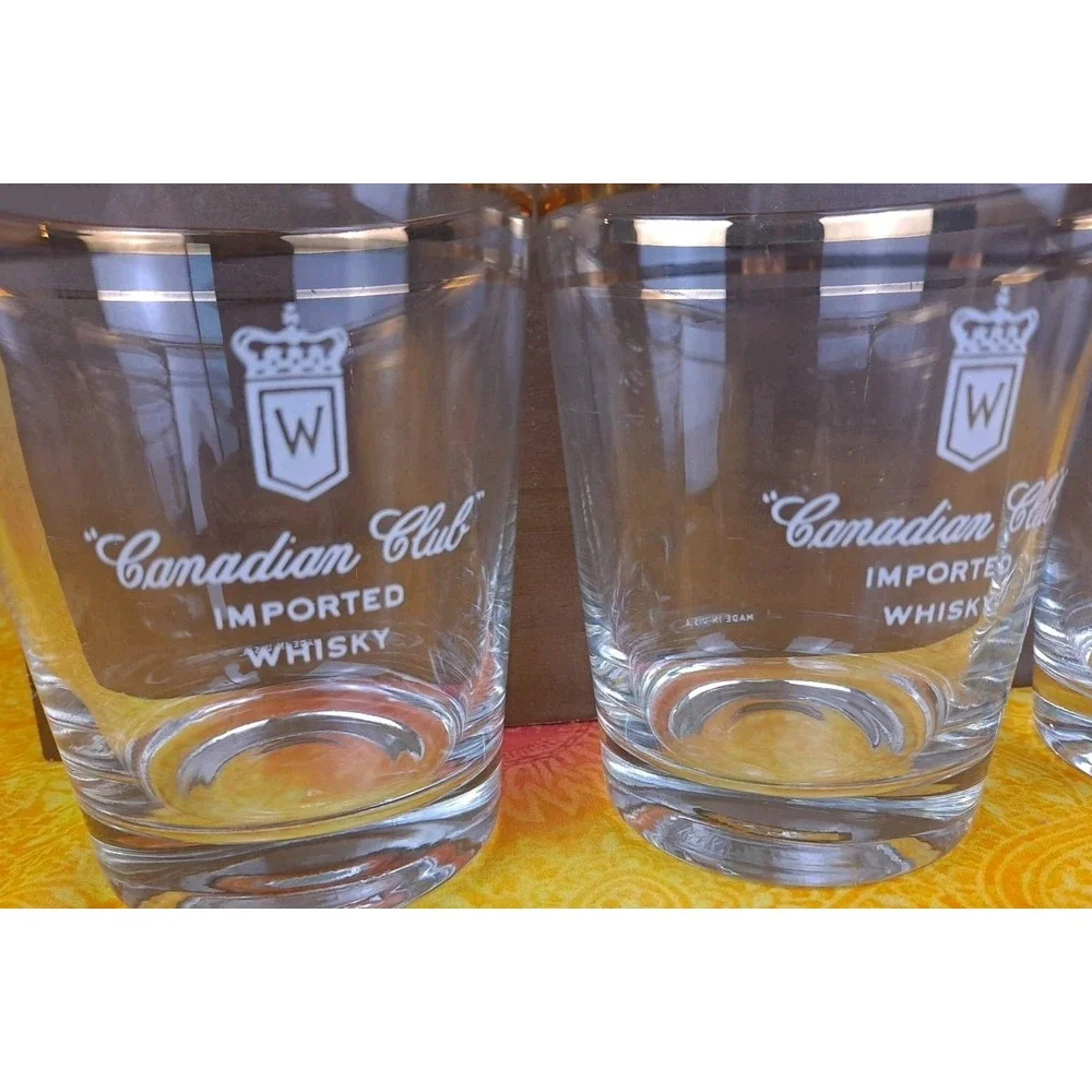 Set Of 3‎ Canadian Club Whisky Low Ball Gold Rim Rock Glasses - 4.25